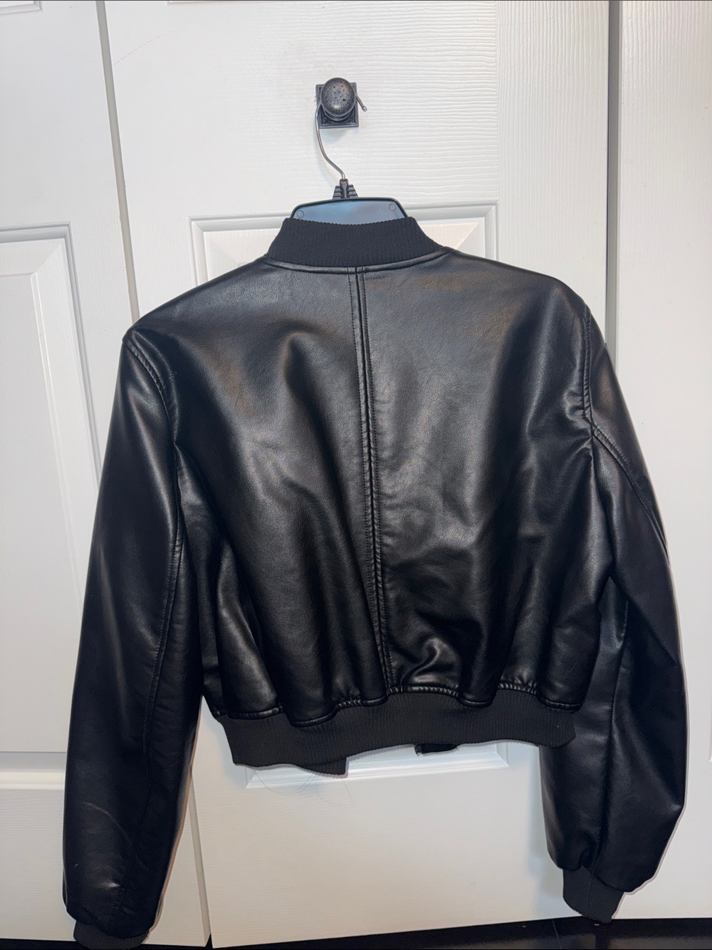 ZARA Black Faux Leather Bomber Jacket - Ribbed Trim - Picture 3 of 3
